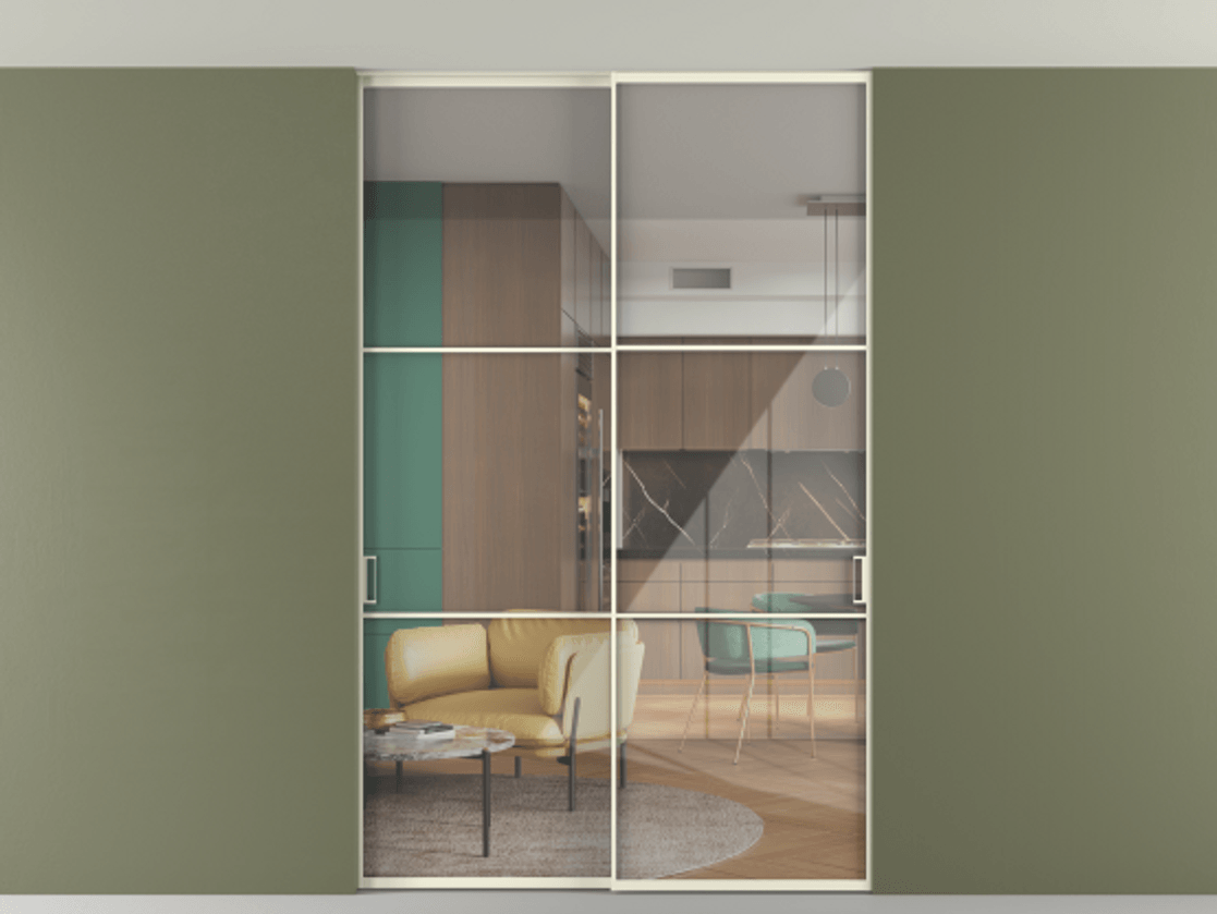 Перегородка Formato внутри проёма скрытое крепление в потолок 2 створки АЛПР 040.03 Алюминий молочно-белый Рефлективное прозрачное стекло "Stopsol", калёное. Цена 2309731 ₸ 1. Полотно 2 шт. (800/2100 мм)
2. Комплект установки раздвижной системы
3. Базовый комплект фурнитуры
4. Ручка RONDO. Фабрика дверей Волховец 8 (800) 551 43 19 Перегородка Formato внутри проёма скрытое крепление в потолок 2 створки АЛПР 040.03 Алюминий молочно-белый Рефлективное прозрачное стекло "Stopsol", калёное Цена 2309731 ₸ | Volhovec