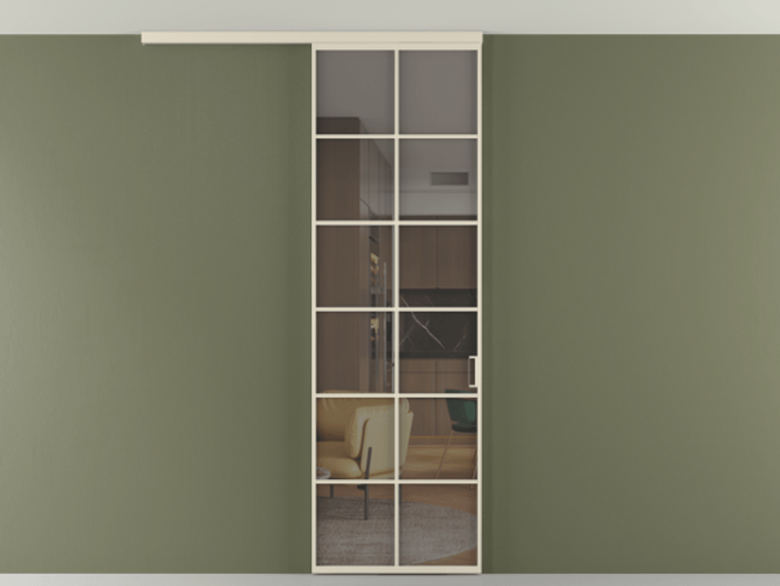 Перегородка Формато вдоль стены на потолок 1 створка АЛПР 040.05 Алюминий бежево-серый Прозрачное серое стекло, триплекс Цена 815361 ₸ | Volhovec