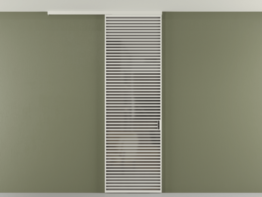 Перегородка Формато вдоль стены на потолок 1 створка АЛПР 040.07 Алюминий Белый Сатинированное серое стекло, триплекс Цена 1286410 ₸ | Volhovec