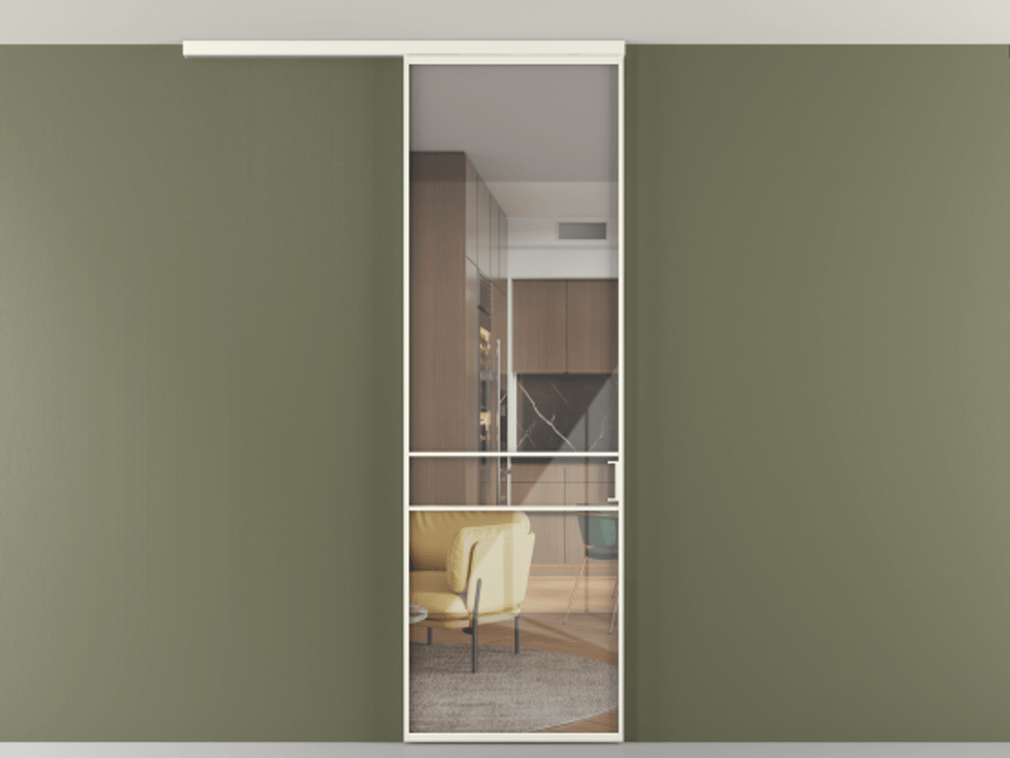 Перегородка Формато вдоль стены на потолок 1 створка АЛПР 040.02 Алюминий жемчужный Рефлективное прозрачное стекло "Стопсол", калёное Цена 811853 ₸ | Volhovec