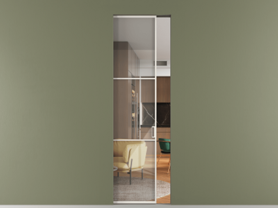 Перегородка Formato скрытый пенал 1 створка АЛПР 040.03 Алюминий пудровый белый Рефлективное прозрачное стекло "Stopsol", калёное Цена 1113200 ₸ | Volhovec