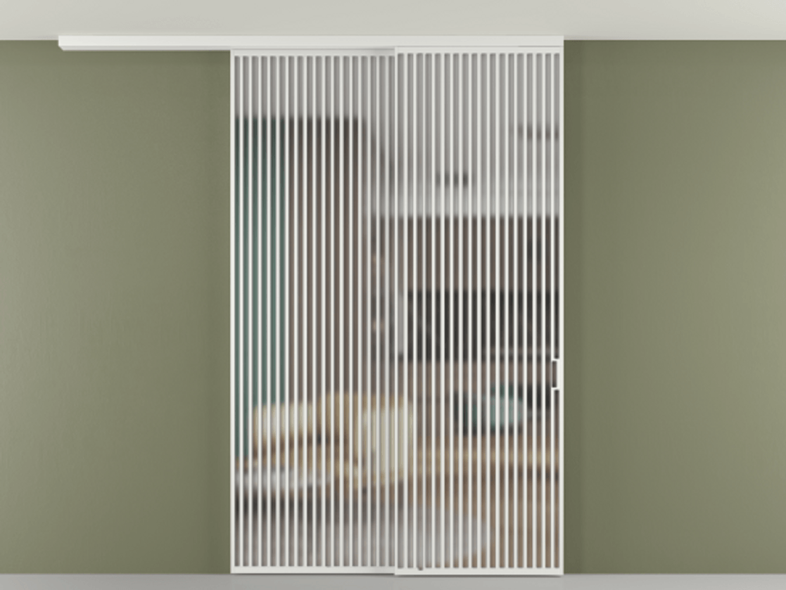 Перегородка Формато вдоль стены на потолок 2 створки с синхронным механизмом АЛПР 040.06 Алюминий белоснежный Сатинированное стекло "Мателюкс Кристал Вижн", калёное, матовое, каленое 6 мм Цена 3502215 ₸ | Volhovec