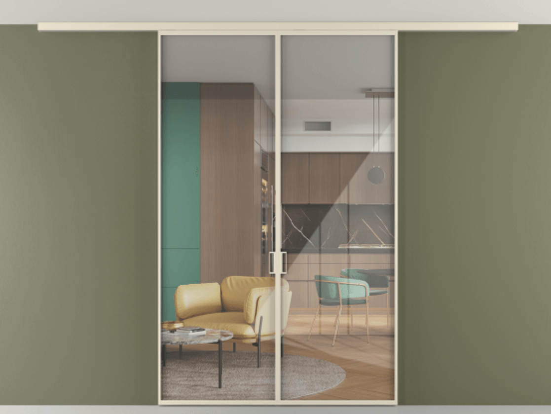 Перегородка Формато вдоль стены на потолок 2 створки АЛПР 040.01 Алюминий бежево-серый Рефлективное прозрачное стекло "Стопсол", калёное Цена 1754222 ₸ | Volhovec