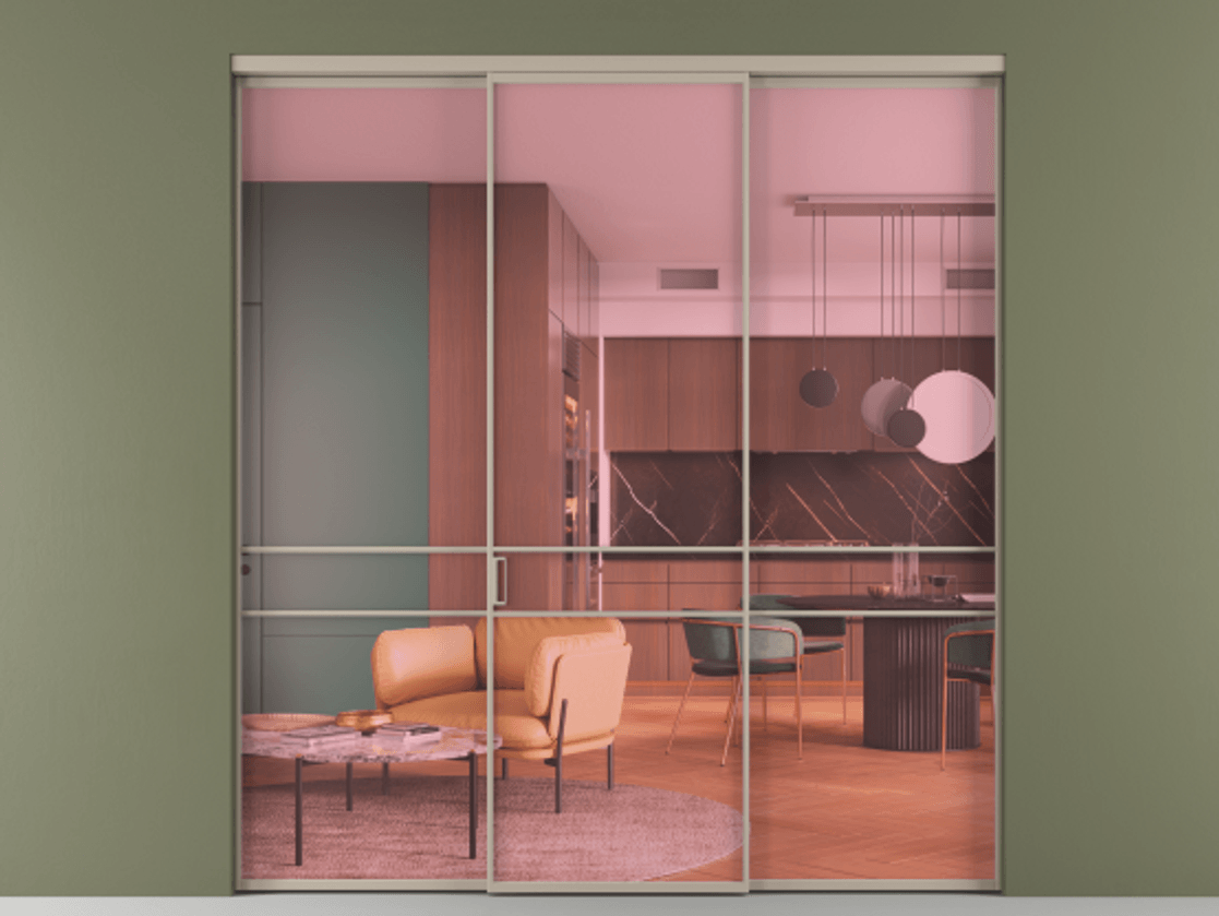 Перегородка Formato внутри проёма 3 створки АЛПР 040.02 Алюминий бисквитный Прозрачное розовое стекло, триплекс Цена 1550900 ₸ | Volhovec