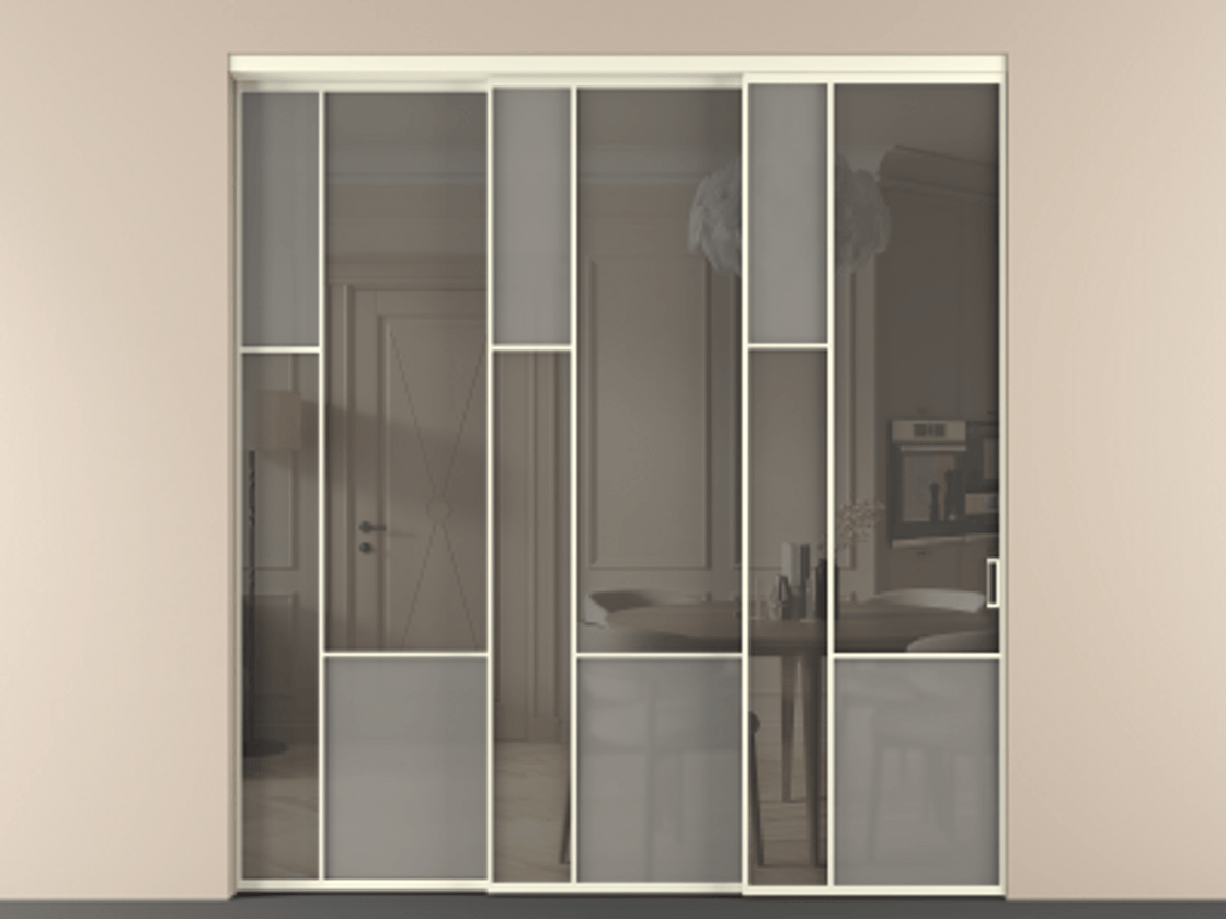 Перегородка Мозаик внутри проёма 3 створки с синхронным механизмом АЛПР 041.13 Алюминий молочно-белый Сатинированное серое стекло, триплекс, 6 мм + Прозрачное серое стекло, триплекс Цена 3306668 ₸ | Volhovec