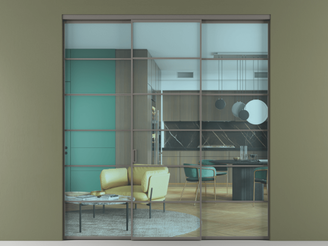 Перегородка Formato внутри проёма 3 створки АЛПР 040.04 Алюминий классический серый Прозрачное голубое стекло, триплекс Цена 1667700 ₸ | Volhovec