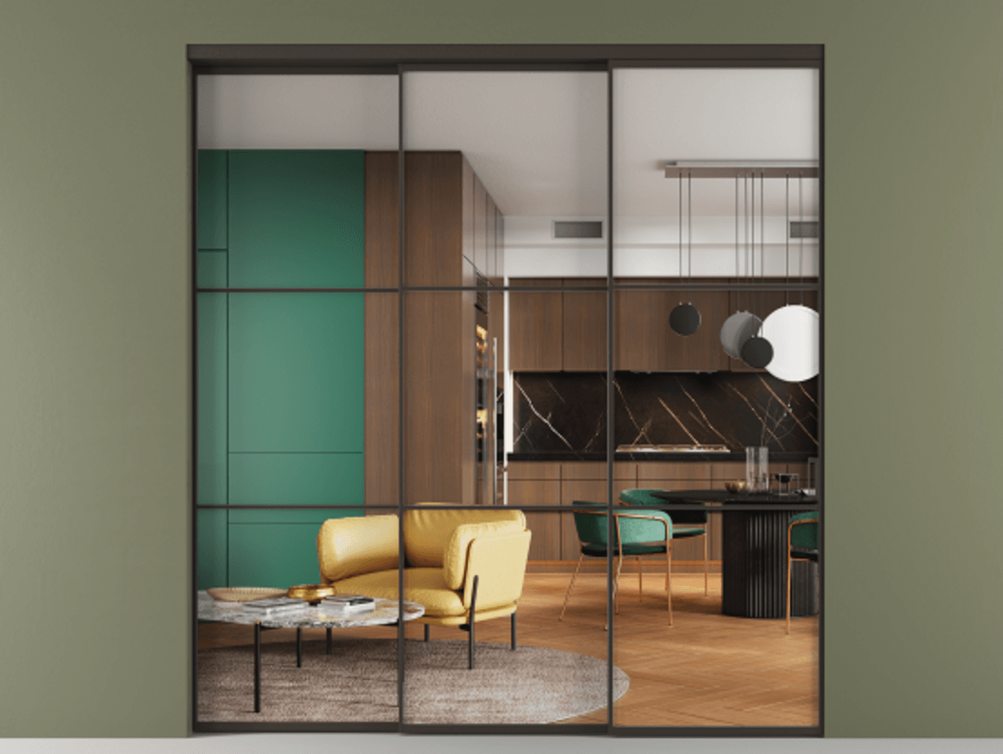 Перегородка Formato внутри проёма 3 створки с синхронным механизмом АЛПР 040.03 Алюминий антрацит Прозрачное стекло "Crystal Vision", калёное Цена 2580860 ₸  | Volhovec