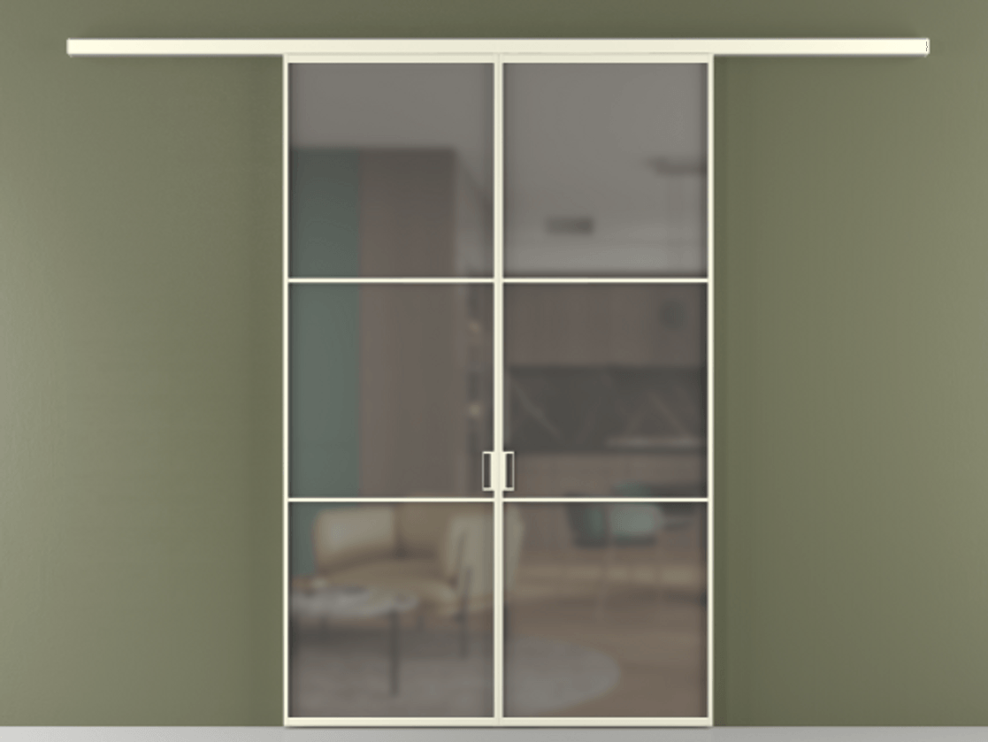 Перегородка Формато вдоль стены 2 створки АЛПР 040.03 Алюминий молочно-белый Сатинированное серое стекло, триплекс Цена 1477602 ₸ | Volhovec