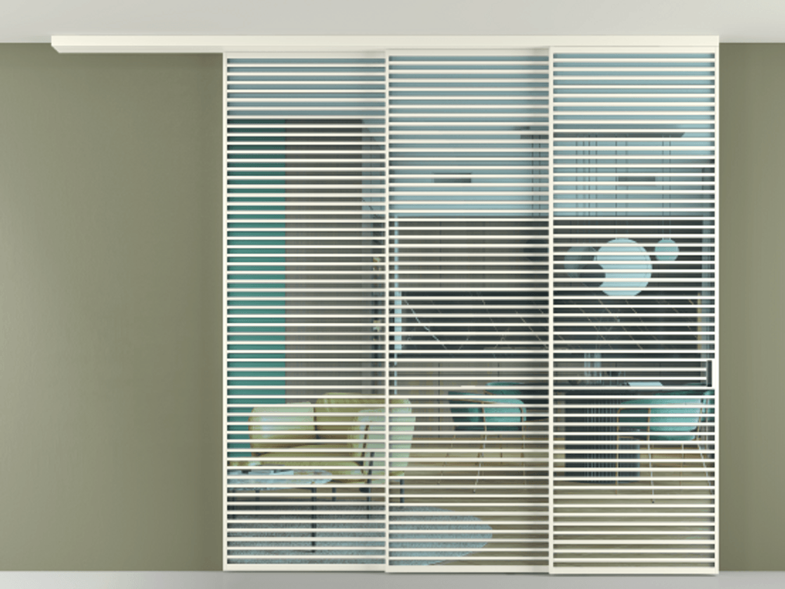 Перегородка Formato вдоль стены на потолок 3 створки с синхронным механизмом АЛПР 040.07 Алюминий жемчужный Прозрачное голубое стекло, триплекс Цена 4087700 ₸ | Volhovec