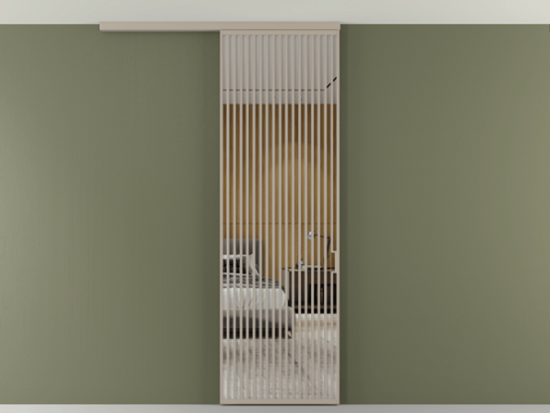 Перегородка Формато вдоль стены на потолок 1 створка АЛПР 040.06 Алюминий бисквитный Двустороннее зеркало, триплекс , триплекс 6 мм Цена 1415444 ₸ | Volhovec