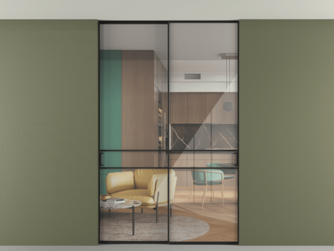 Перегородка Формато внутри проёма скрытое крепление в потолок 2 створки АЛПР 040.02 Алюминий Черный Рефлективное прозрачное стекло "Стопсол", калёное Цена 2249856 ₸ | Volhovec