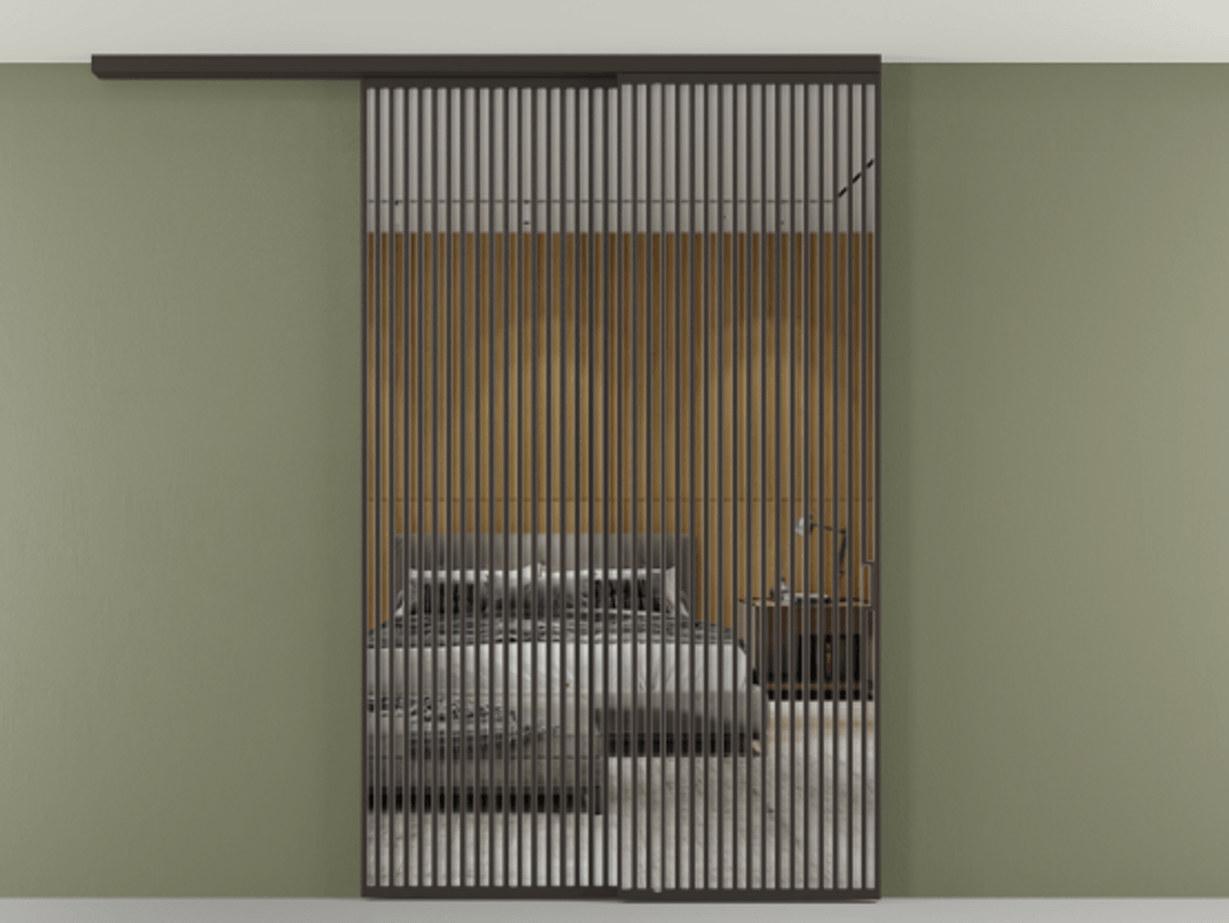 Перегородка Формато вдоль стены на потолок 2 створки с синхронным механизмом АЛПР 040.06 Алюминий антрацит Двустороннее зеркало, триплекс , триплекс 6 мм Цена 3405447 ₸ | Volhovec