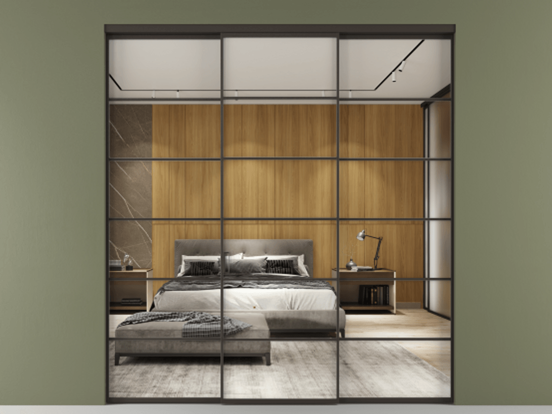 Перегородка Формато внутри проёма 3 створки АЛПР 040.04 Алюминий антрацит Двустороннее зеркало, триплекс , триплекс 6 мм Цена 1926477 ₸ | Volhovec