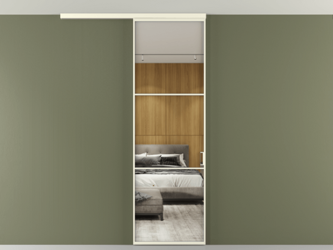 Перегородка Формато вдоль стены на потолок 1 створка АЛПР 040.03 Алюминий молочно-белый Двустороннее зеркало, триплекс , триплекс 6 мм Цена 763469 ₸ | Volhovec