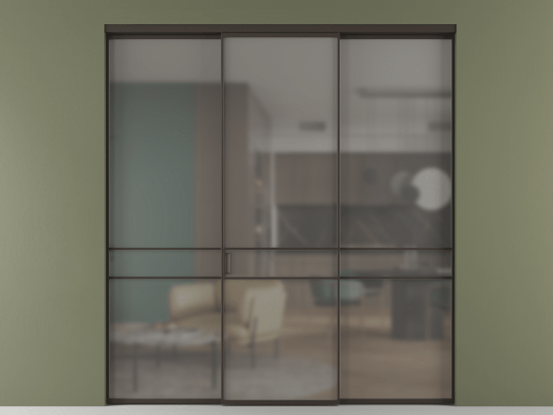 Перегородка Формато внутри проёма 3 створки АЛПР 040.02 Алюминий антрацит Сатинированное серое стекло, триплекс Цена 1793799 ₸ | Volhovec