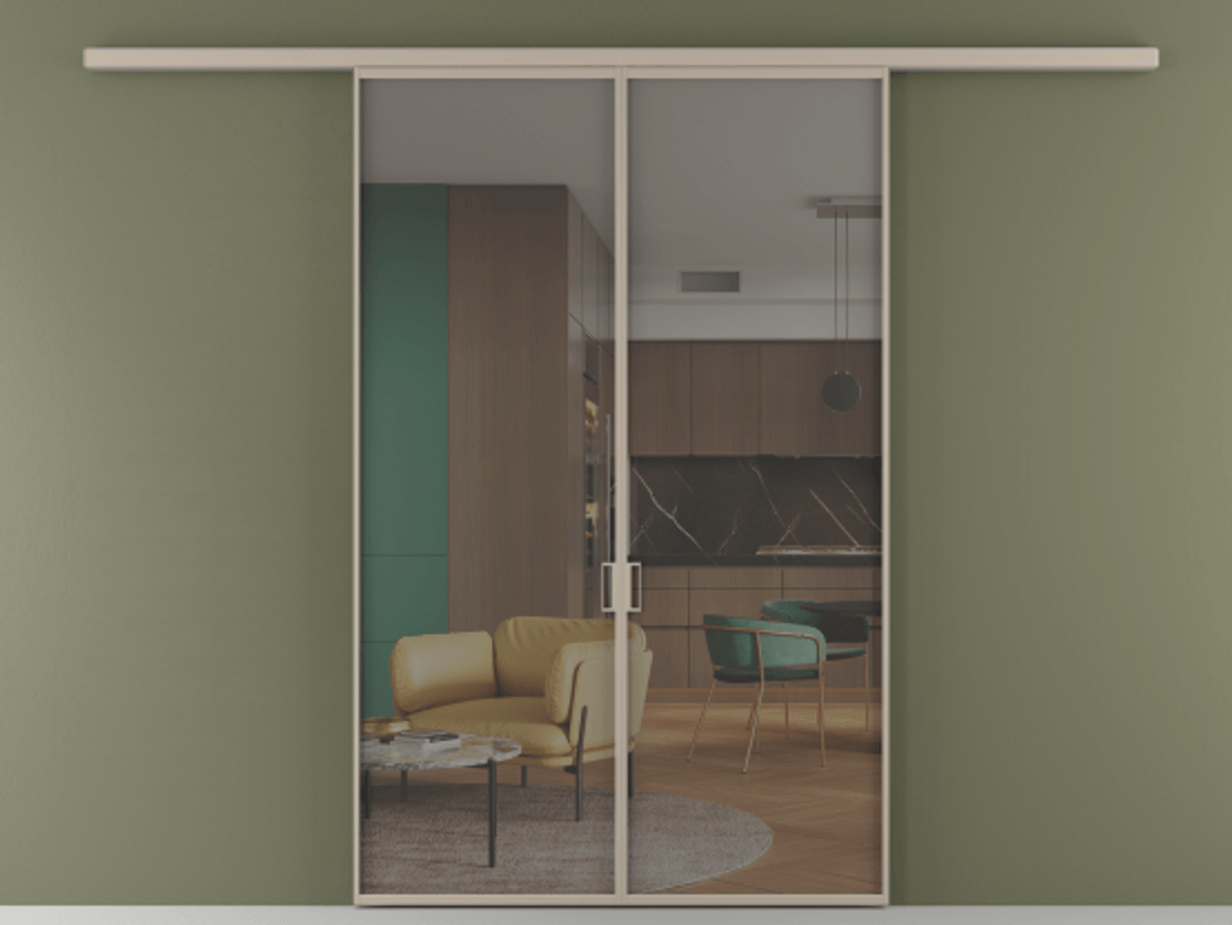 Перегородка Формато вдоль стены 2 створки АЛПР 040.01 Алюминий бисквитный Прозрачное серое стекло, триплекс Цена 1416366 ₸ | Volhovec