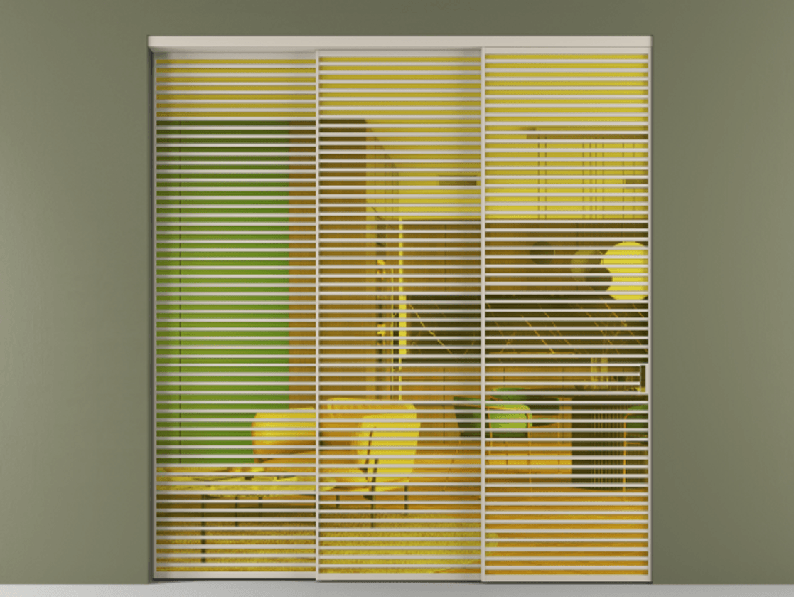 Перегородка Formato внутри проёма 3 створки с синхронным механизмом АЛПР 040.07 Алюминий светло-бежевый Прозрачное жёлтое стекло, триплекс Цена 3617600 ₸  | Volhovec