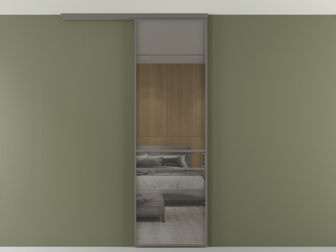 Перегородка Формато вдоль стены на потолок 1 створка АЛПР 040.02 Алюминий классический серый Рефлективное серое стекло "Стопсол", калёное Цена 948856 ₸ | Volhovec