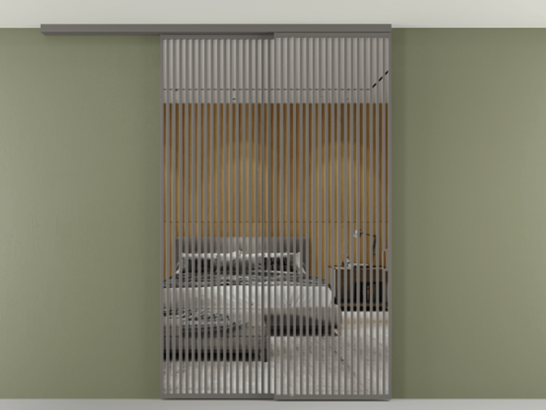 Перегородка Формато вдоль стены на потолок 2 створки с синхронным механизмом АЛПР 040.06 Алюминий классический серый Двустороннее зеркало, триплекс , триплекс 6 мм Цена 3405447 ₸ | Volhovec