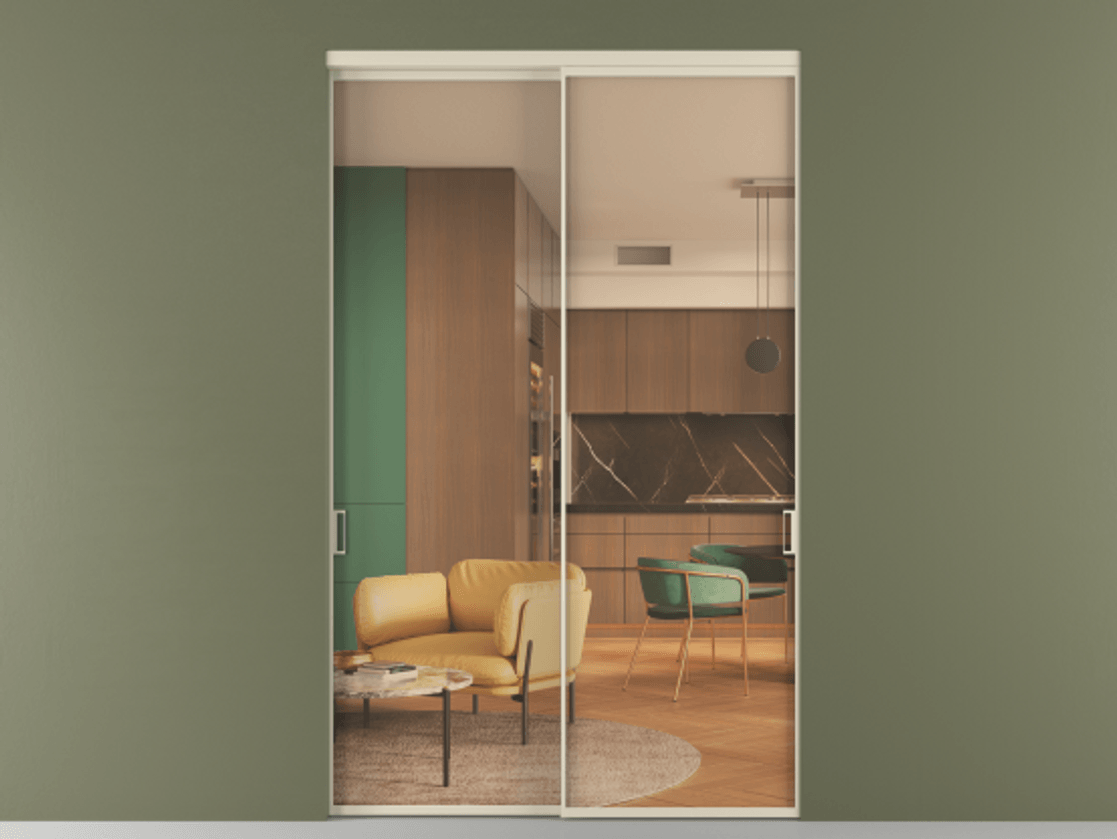 Перегородка Formato внутри проёма 2 створки АЛПР 040.01 Алюминий бежево-серый Прозрачное оранжевое стекло, триплекс Цена 3149874 ₸  | Volhovec