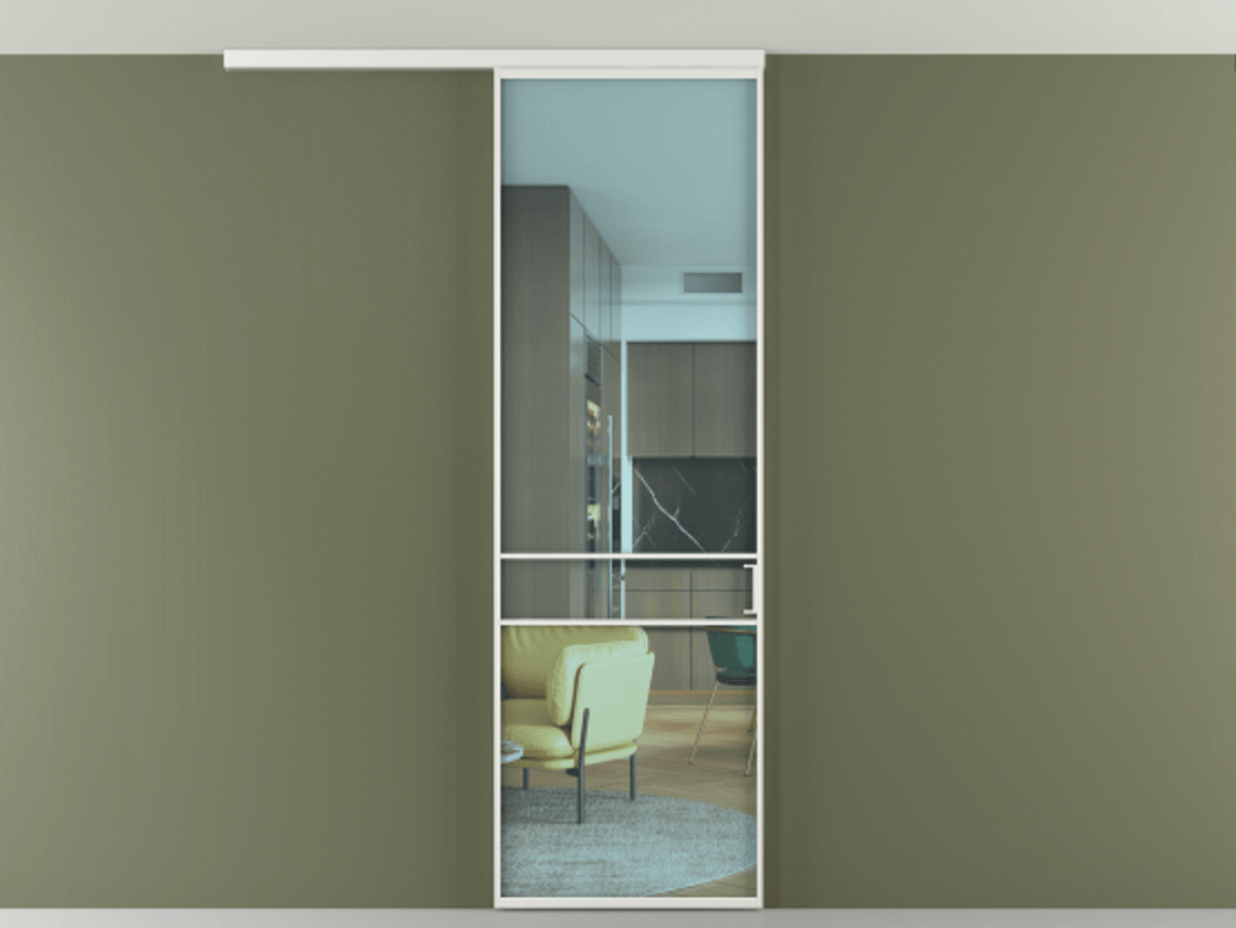 Перегородка Формато вдоль стены на потолок 1 створка АЛПР 040.02 Алюминий белоснежный Прозрачное голубое стекло, триплекс Цена 732243 ₸ | Volhovec