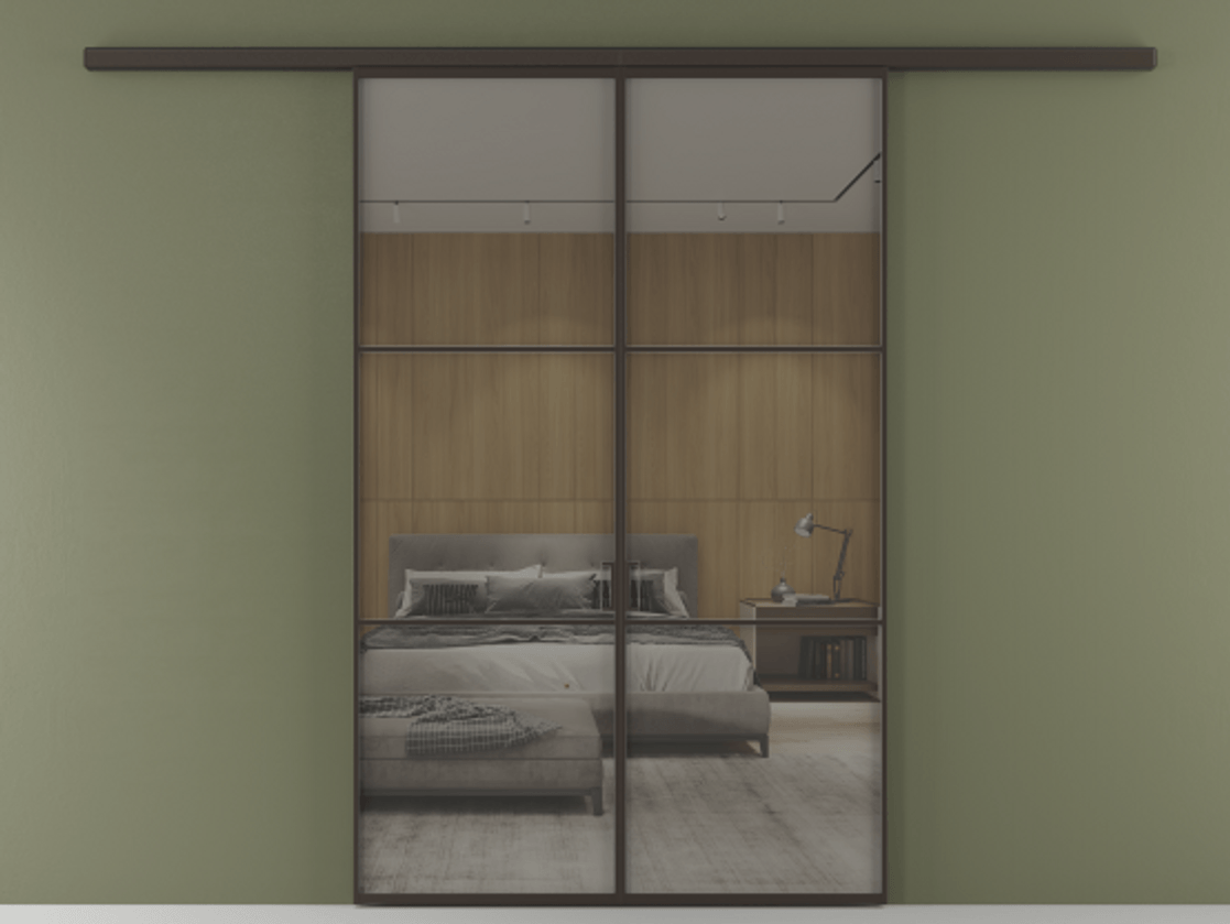 Перегородка Формато вдоль стены 2 створки АЛПР 040.03 Алюминий антрацит Рефлективное серое стекло "Стопсол", калёное Цена 1882440 ₸ | Volhovec