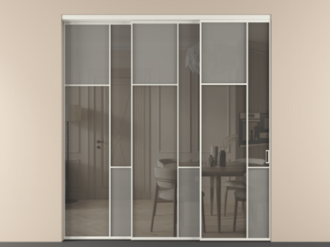 Перегородка Mosaic внутри проёма 3 створки с синхронным механизмом АЛПР 041.10 Алюминий серый Сатинированное серое стекло, триплекс, 6 мм + Прозрачное серое стекло, триплекс Цена 3306668 ₸ | Volhovec