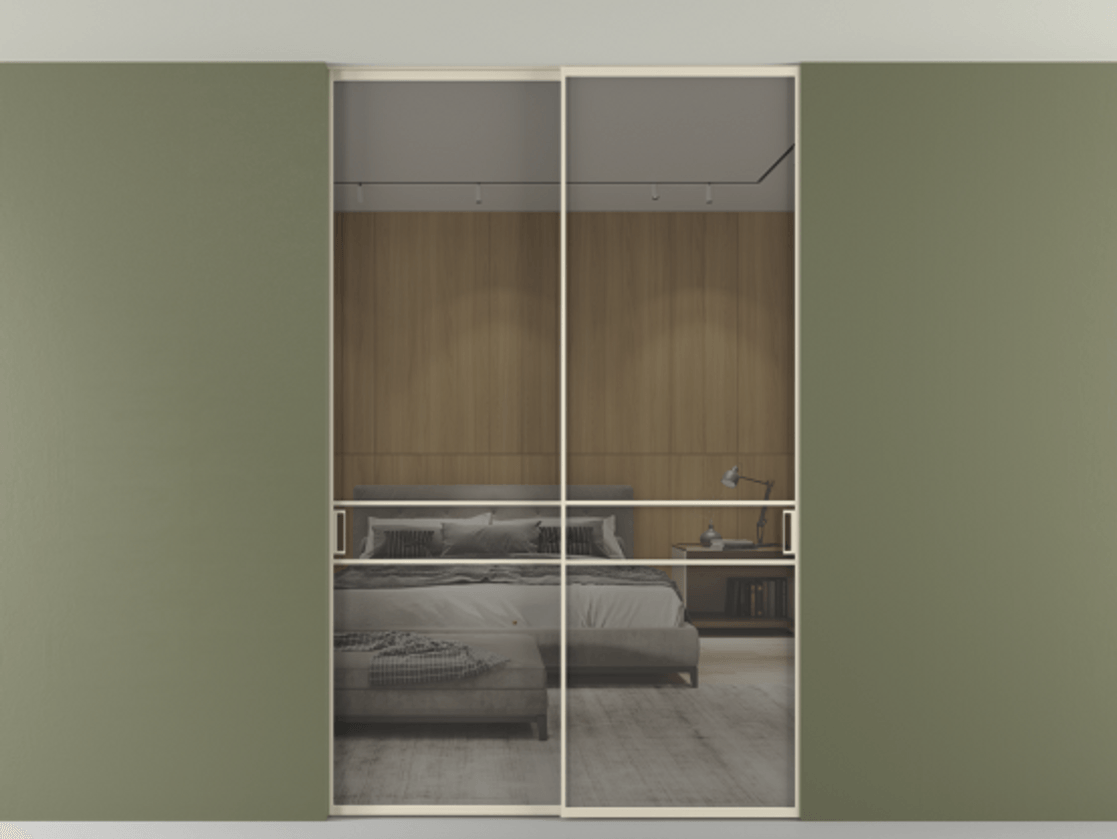 Перегородка Formato внутри проёма скрытое крепление в потолок 2 створки АЛПР 040.02 Алюминий бежево-серый Рефлективное серое стекло "Стопсол", калёное Цена 2309731 ₸ | Volhovec