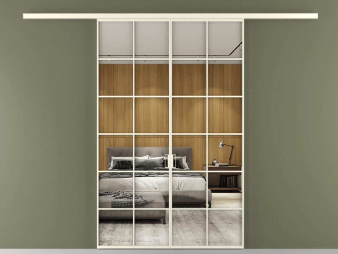 Перегородка Formato вдоль стены 2 створки АЛПР 040.05 Алюминий молочно-белый Двустороннее зеркало, триплекс , триплекс 6 мм Цена 1879416 ₸ | Volhovec