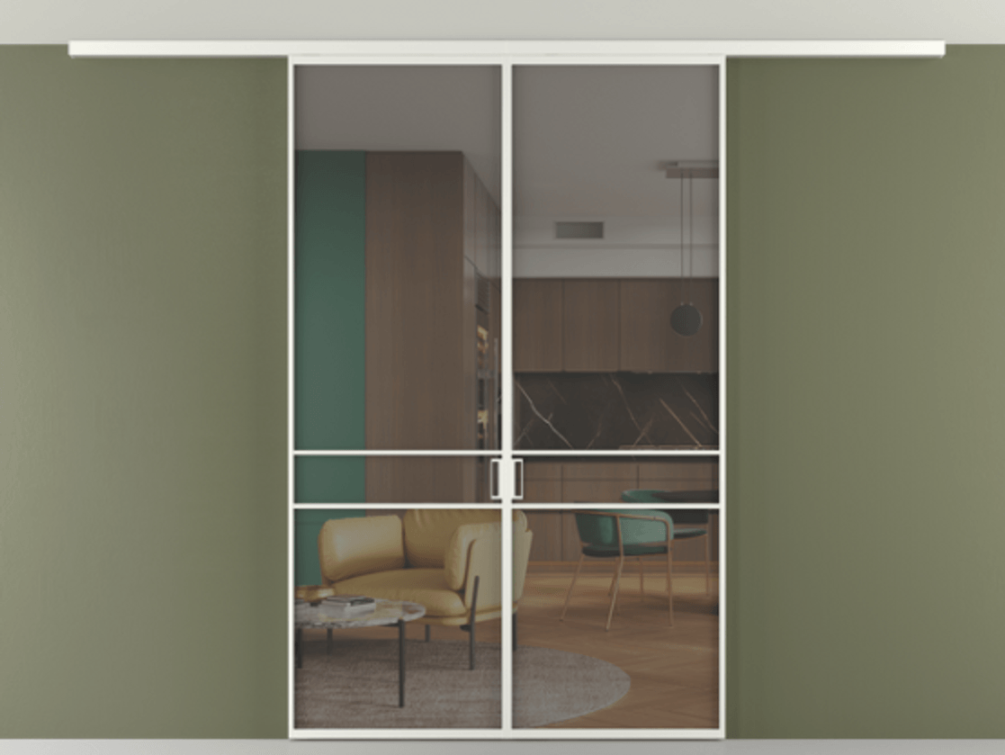 Перегородка Формато вдоль стены на потолок 2 створки АЛПР 040.02 Алюминий светло-серый Прозрачное серое стекло, триплекс Цена 1410809 ₸ | Volhovec