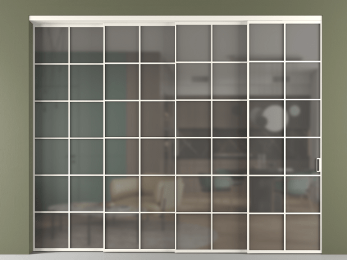 Перегородка Formato внутри проёма 4 створки с синхронным механизмом АЛПР 040.05 Алюминий пудровый белый Сатинированное серое стекло, триплекс. Цена 3569076 ₸ 1. Полотно 4 шт. (800/2100 мм)
2. Комплект установки раздвижной системы
3. Базовый комплект фурнитуры
4. Комплект фурнитуры телескопик синхро-3
5. Ручка RONDO
. Фабрика дверей Волховец 8 (800) 551 43 19 Перегородка Formato внутри проёма 4 створки с синхронным механизмом АЛПР 040.05 Алюминий пудровый белый Сатинированное серое стекло, триплекс Цена 3569076 ₸ | Volhovec