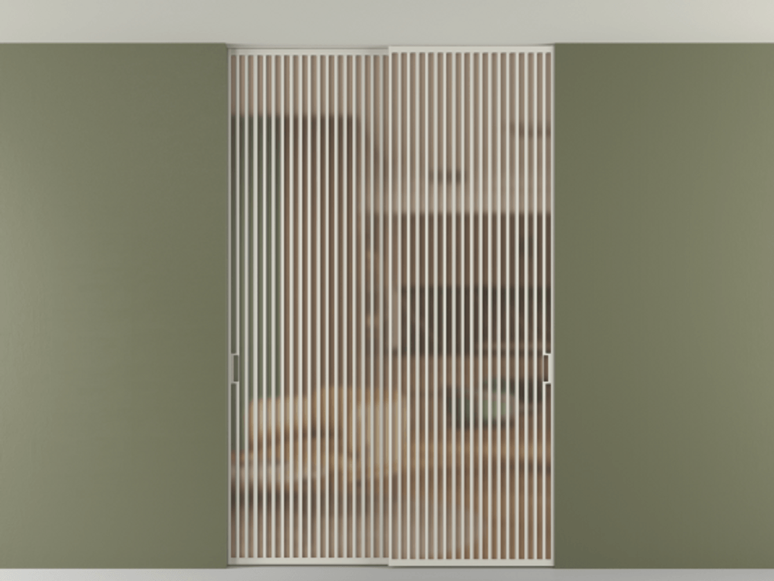 Перегородка Формато внутри проёма скрытое крепление в потолок 2 створки АЛПР 040.06 Алюминий тёплый серый Сатинированное оранжевое стекло, триплекс Цена 3098957 ₸ | Volhovec