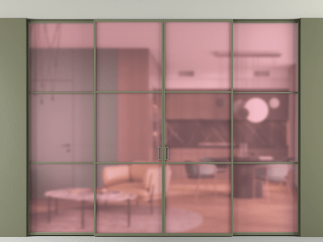 Перегородка Formato внутри проёма четырёхстворчатая со скрытым креплением в потолок АЛПР 040.03 Алюминий оливковый тёмный Сатинированное розовое стекло, триплекс Цена 2852000 ₸ | Volhovec