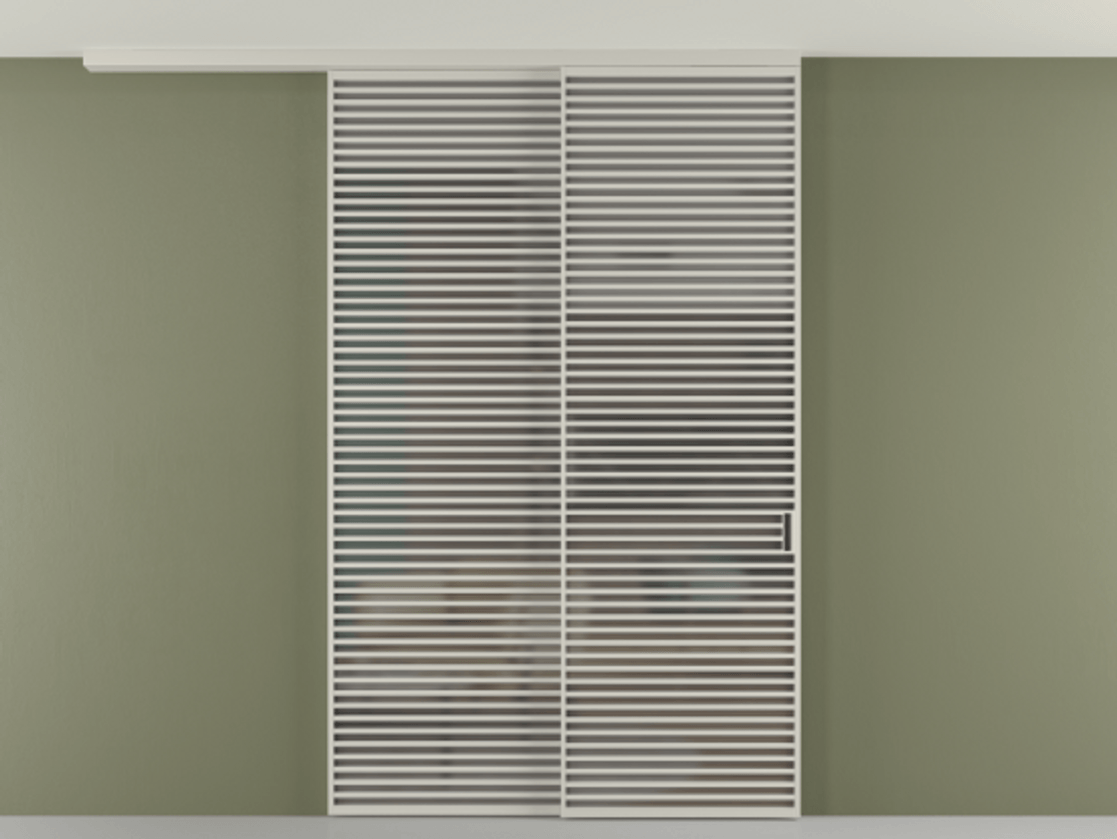 Перегородка Формато вдоль стены на потолок 2 створки с синхронным механизмом АЛПР 040.07 Алюминий тёплый серый Сатинированное серое стекло, триплекс Цена 3981247 ₸ | Volhovec