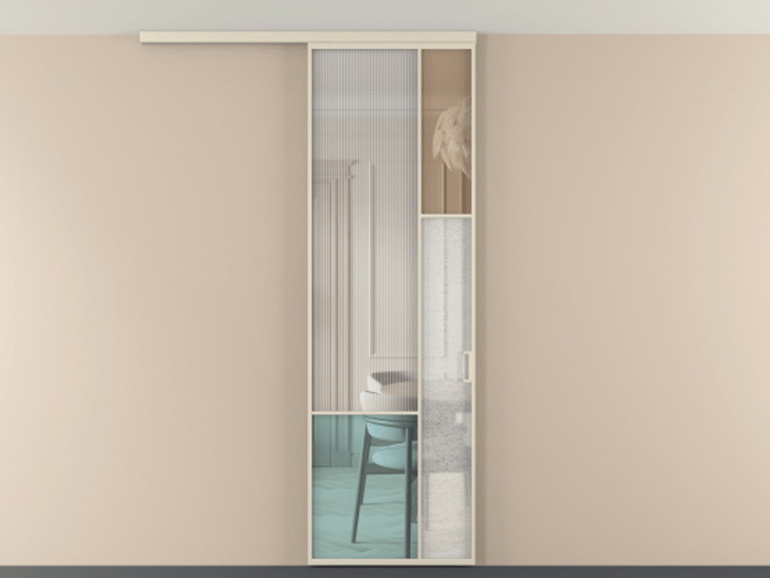 Перегородка Mosaic вдоль стены на потолок одностворчатая АЛПР 041.12 Алюминий бежево-серый Комбинация стекол Группы 1 и Группы 3 Цена 880100 ₸ | Volhovec