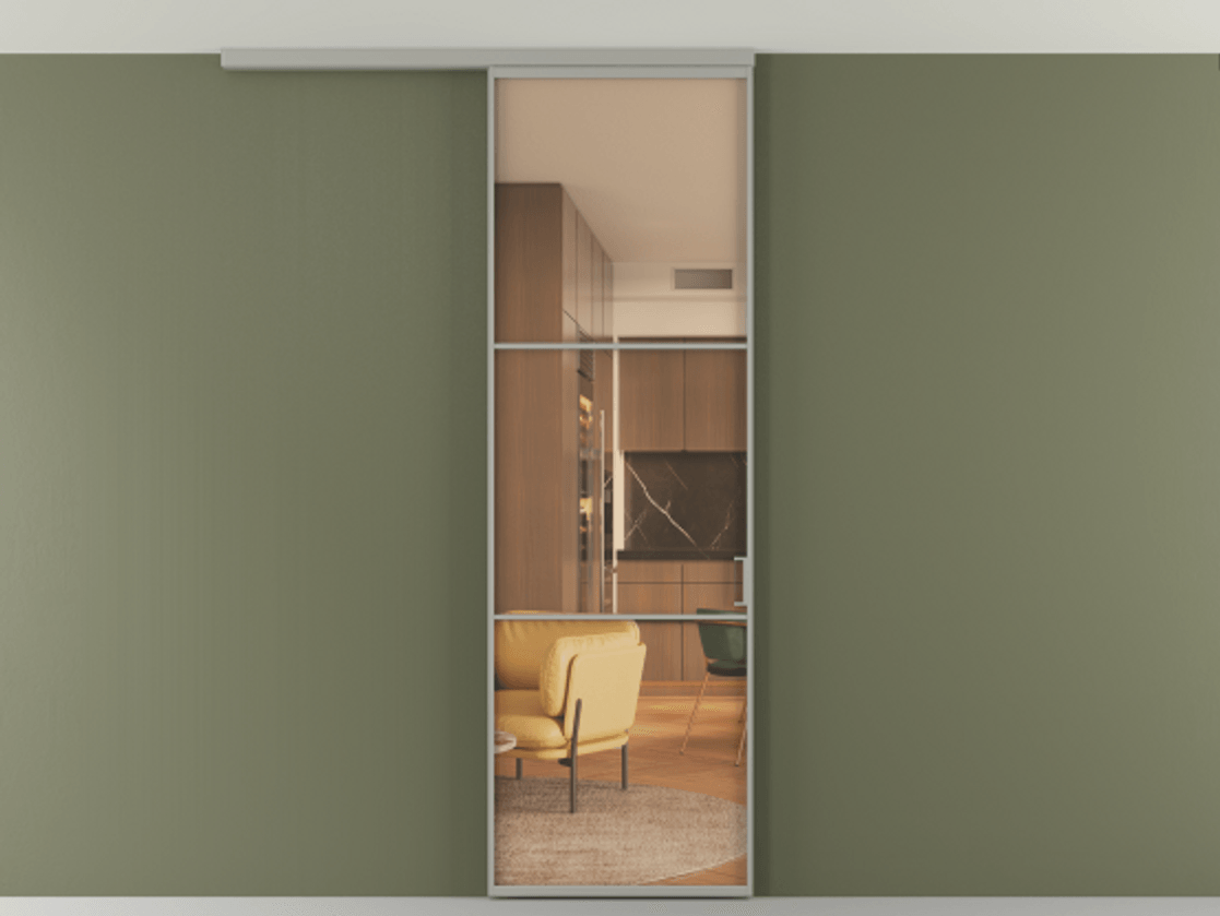 Перегородка Формато вдоль стены на потолок 1 створка АЛПР 040.03 Алюминий нейтральный серый Прозрачное оранжевое стекло, триплекс Цена 763469 ₸ | Volhovec