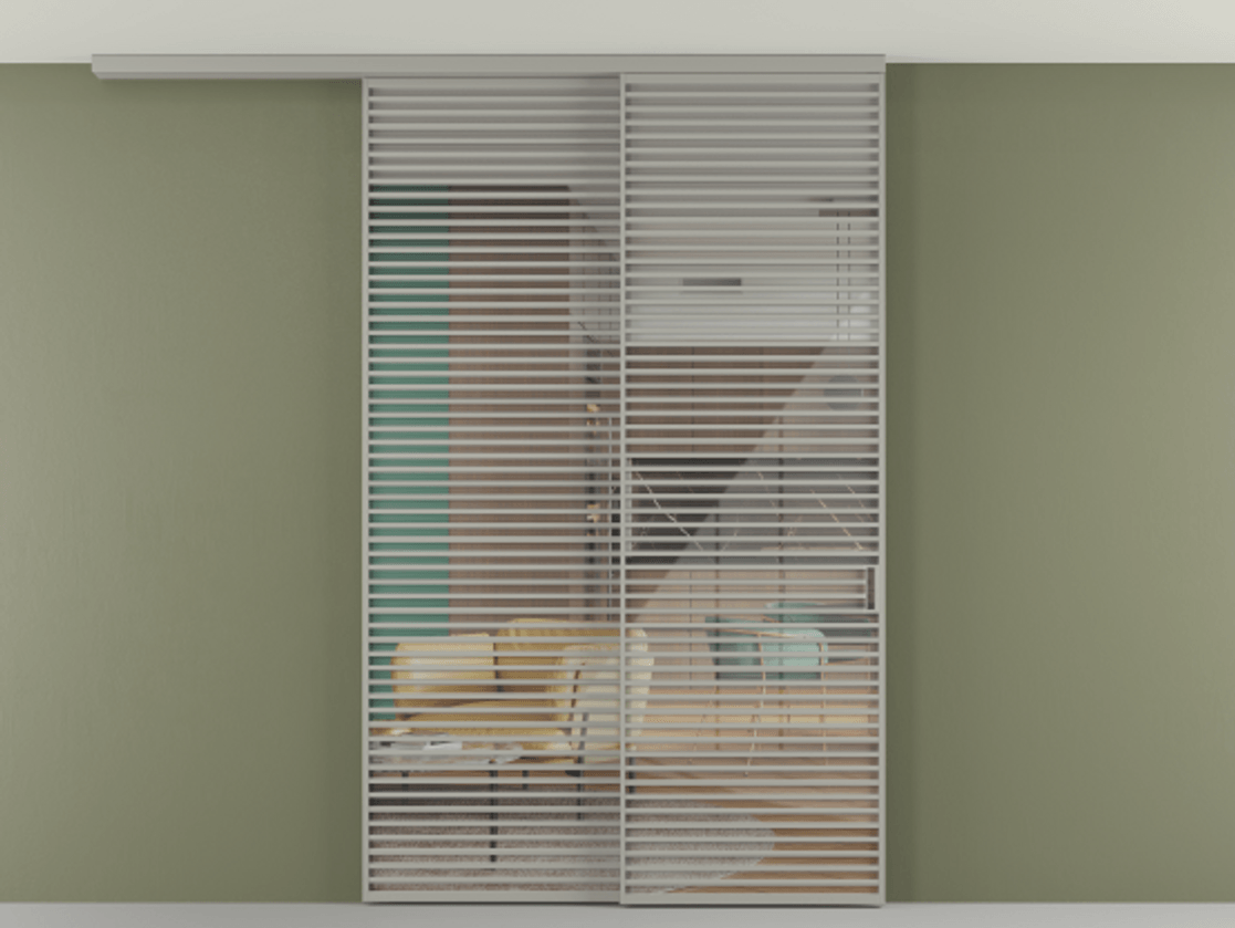 Перегородка Формато вдоль стены на потолок 2 створки с синхронным механизмом АЛПР 040.07 Алюминий нейтральный серый Рефлективное прозрачное стекло "Стопсол", калёное Цена 3502215 ₸ | Volhovec