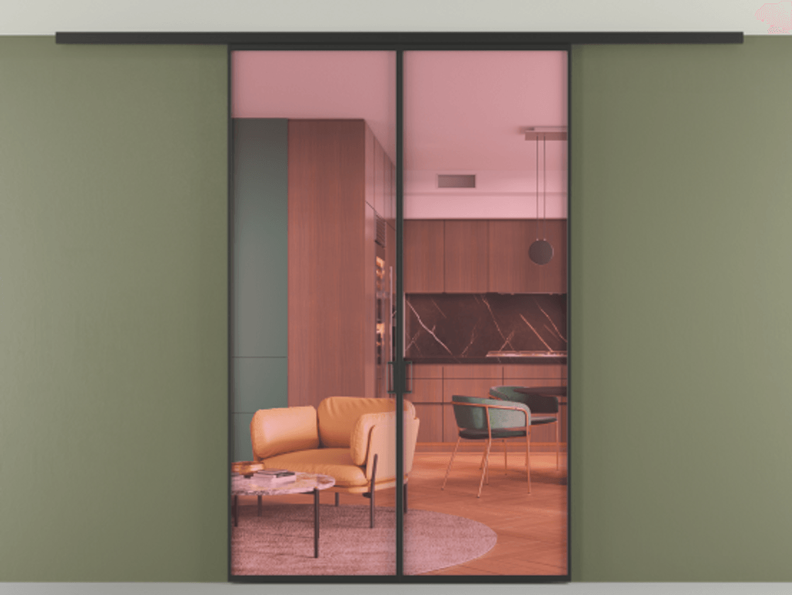 Перегородка Формато вдоль стены на потолок 2 створки АЛПР 040.01 Алюминий Черный Прозрачное розовое стекло, триплекс Цена 1292722 ₸ | Volhovec