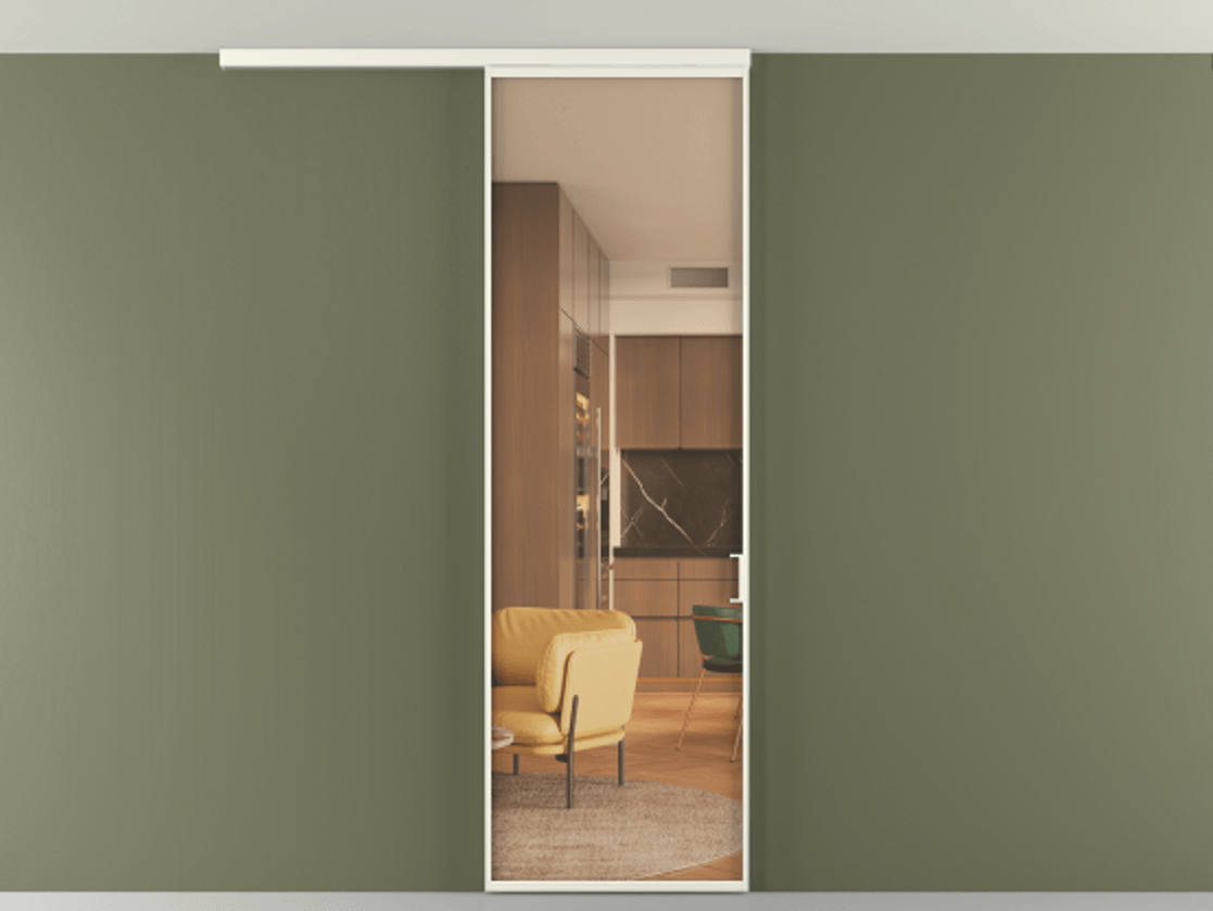 Перегородка Формато вдоль стены на потолок 1 створка АЛПР 040.01 Алюминий жемчужный Прозрачное оранжевое стекло, триплекс Цена 698563 ₸ | Volhovec