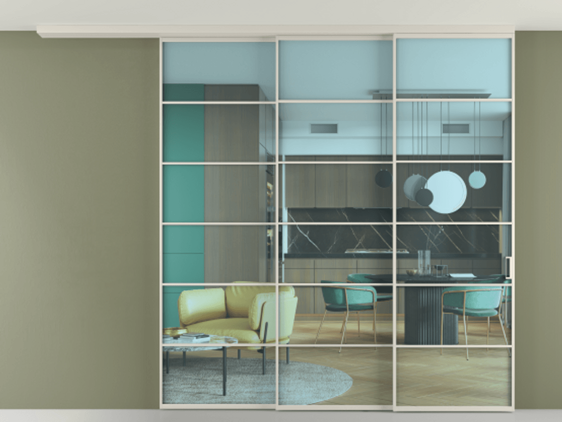 Перегородка Formato вдоль стены на потолок 3 створки с синхронным механизмом АЛПР 040.04 Алюминий облачно-серый Прозрачное голубое стекло, триплекс Цена 2601800 ₸ | Volhovec