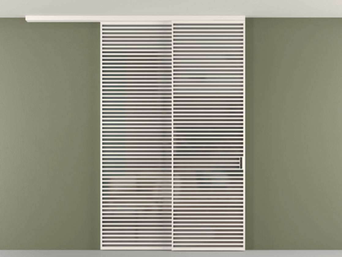 Перегородка Формато вдоль стены на потолок 2 створки с синхронным механизмом АЛПР 040.07 Алюминий пудровый белый Сатинированное серое стекло, триплекс Цена 3981247 ₸ | Volhovec