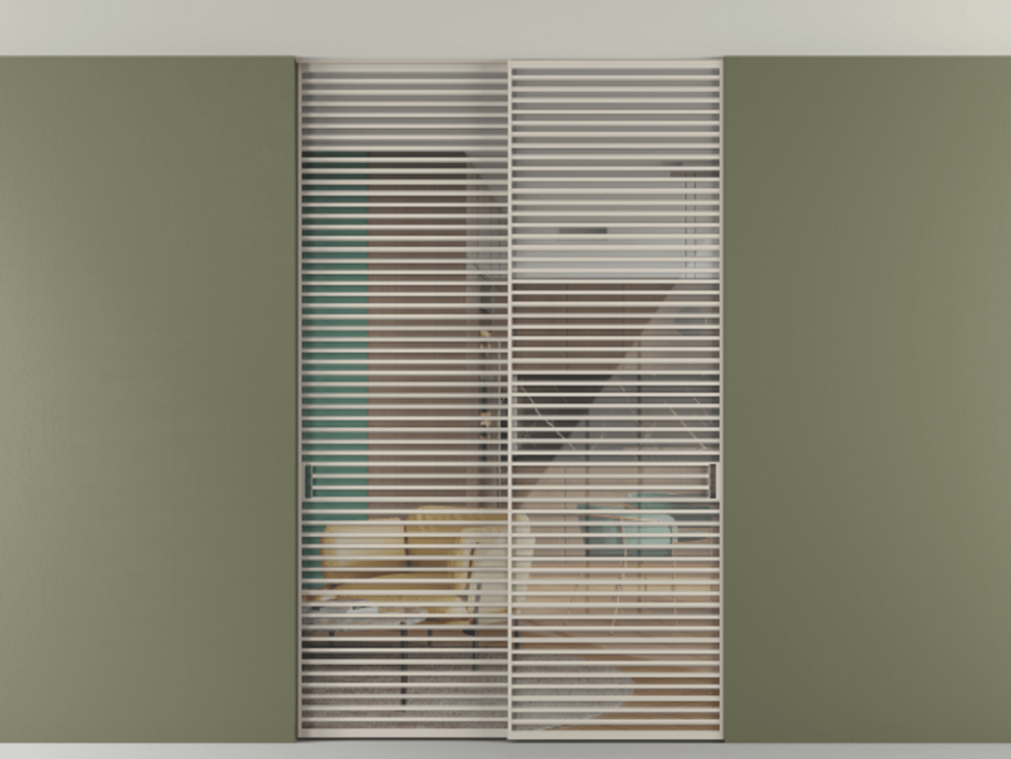 Перегородка Формато внутри проёма скрытое крепление в потолок 2 створки АЛПР 040.07 Алюминий светло-бежевый Рефлективное прозрачное стекло "Стопсол", калёное Цена 3939667 ₸ | Volhovec