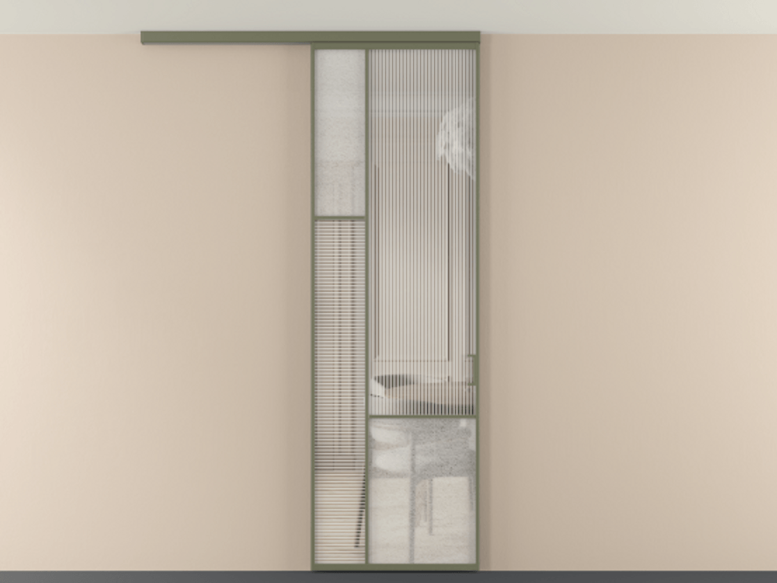 Перегородка Мозаик вдоль стены на потолок 1 створка АЛПР 041.13 Алюминий оливковый тёмный Рифлёное стекло "Дюна", триплекс, 6 мм + Фактурное стекло "Лёд", триплекс Цена 1081382 ₸ | Volhovec