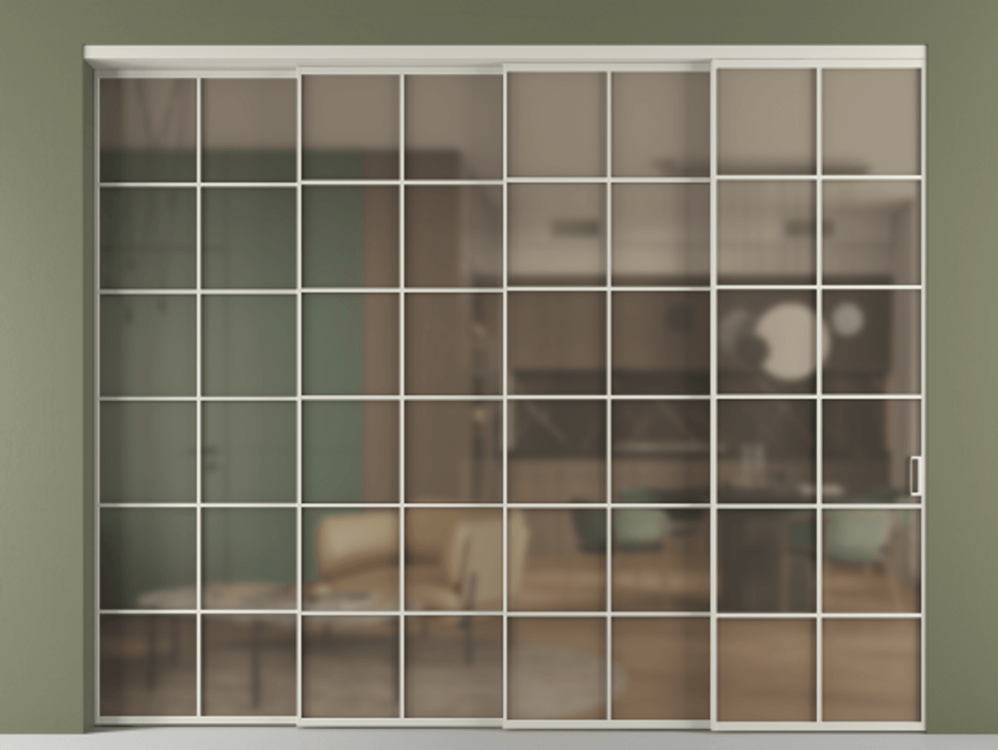 Перегородка Formato внутри проёма 4 створки с синхронным механизмом АЛПР 040.05 Алюминий тёплый серый Сатинированное бронзовое стекло, триплекс. Цена 3569076 ₸ 1. Полотно 4 шт. (800/2100 мм)
2. Комплект установки раздвижной системы
3. Базовый комплект фурнитуры
4. Комплект фурнитуры телескопик синхро-3
5. Ручка RONDO
. Фабрика дверей Волховец 8 (800) 551 43 19 Перегородка Formato внутри проёма 4 створки с синхронным механизмом АЛПР 040.05 Алюминий тёплый серый Сатинированное бронзовое стекло, триплекс Цена 3569076 ₸ | Volhovec