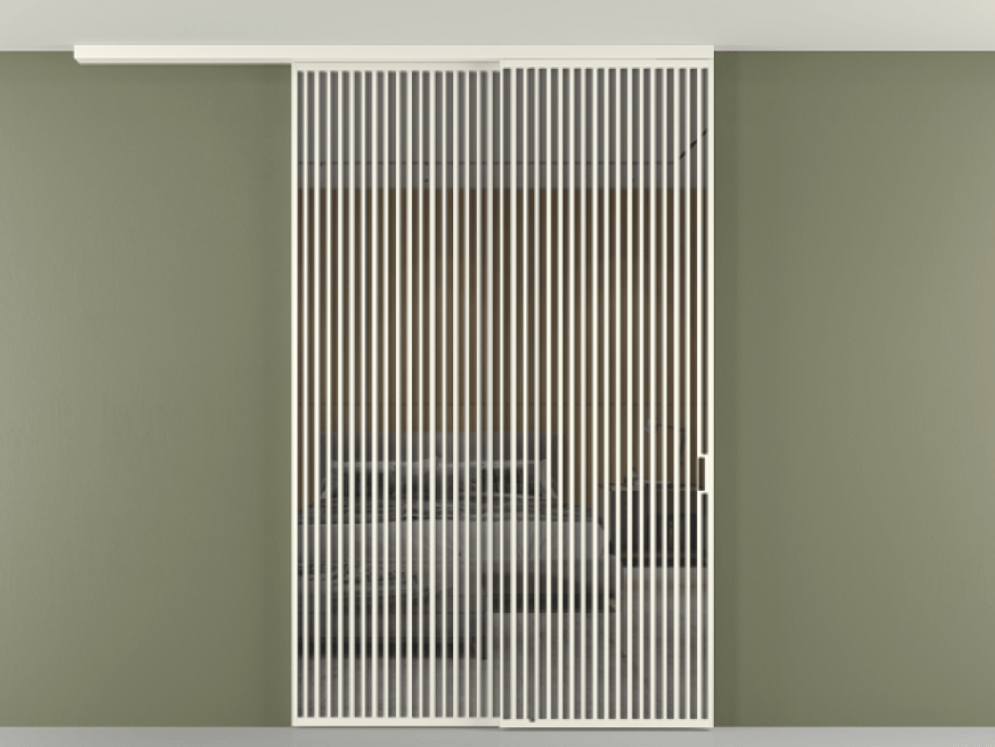 Перегородка Формато вдоль стены на потолок 2 створки с синхронным механизмом АЛПР 040.06 Алюминий жемчужный Рефлективное серое стекло "Стопсол", калёное Цена 3502215 ₸ | Volhovec