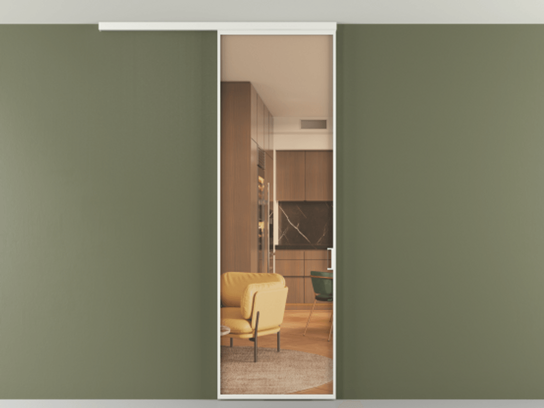 Перегородка Формато вдоль стены на потолок 1 створка АЛПР 040.01 Алюминий светло-серый Прозрачное оранжевое стекло, триплекс Цена 698563 ₸ | Volhovec