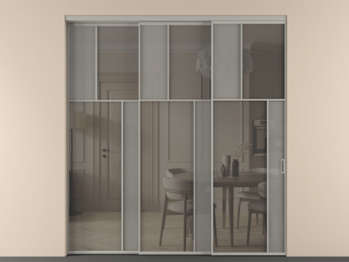 Перегородка Mosaic внутри проёма 3 створки с синхронным механизмом АЛПР 041.23 Алюминий нейтральный серый Сатинированное серое стекло, триплекс, 6 мм + Прозрачное серое стекло, триплекс Цена 3306668 ₸ | Volhovec