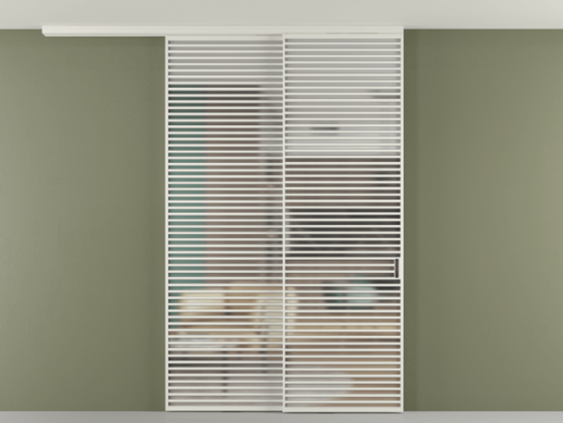 Перегородка Формато вдоль стены на потолок 2 створки с синхронным механизмом АЛПР 040.07 Алюминий Белый Сатинированное стекло "Мателюкс Кристал Вижн", калёное, матовое, каленое 6 мм Цена 3911242 ₸ | Volhovec