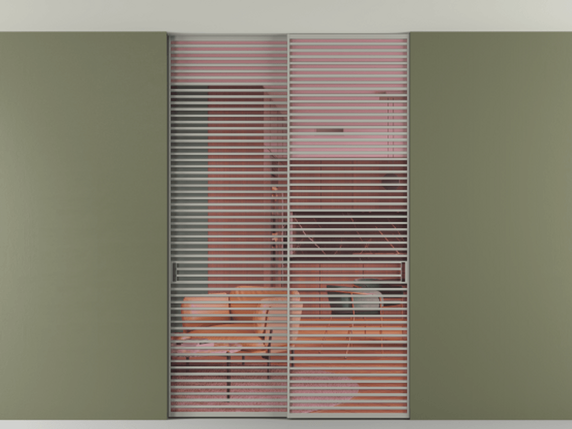 Перегородка Формато внутри проёма скрытое крепление в потолок 2 створки АЛПР 040.07 Алюминий нейтральный серый Прозрачное розовое стекло, триплекс Цена 3098957 ₸ | Volhovec