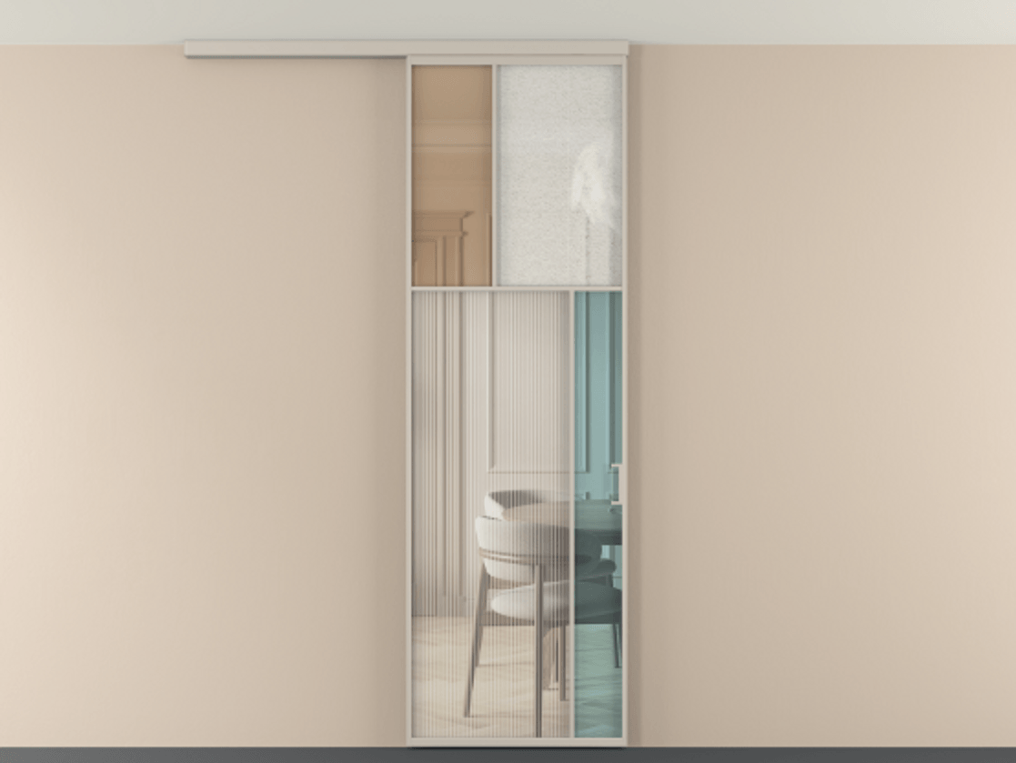 Перегородка Мозаик вдоль стены на потолок 1 створка АЛПР 041.23 Алюминий светло-бежевый Комбинация стекол Группы 1 и Группы 3 Цена 1066262 ₸ | Volhovec